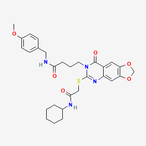 molecular formula C29H34N4O6S B2989673 4-(6-((2-(环己基氨基)-2-氧代乙基)硫代)-8-氧代-[1,3]二噁唑并[4,5-g]喹唑啉-7(8H)-基)-N-(4-甲氧基苄基)丁酰胺 CAS No. 688060-03-9