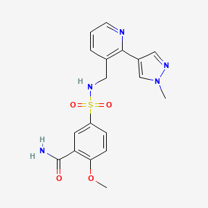 molecular formula C18H19N5O4S B2989689 2-methoxy-5-(N-((2-(1-methyl-1H-pyrazol-4-yl)pyridin-3-yl)methyl)sulfamoyl)benzamide CAS No. 2034390-36-6
