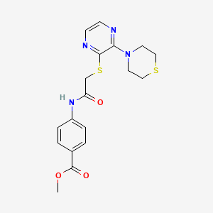 molecular formula C18H20N4O3S2 B2989730 Methyl 4-(2-((3-thiomorpholinopyrazin-2-yl)thio)acetamido)benzoate CAS No. 1029744-19-1