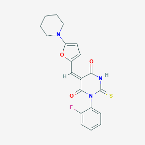 molecular formula C20H18FN3O3S B298974 1-(2-fluorophenyl)-5-{[5-(1-piperidinyl)-2-furyl]methylene}-2-thioxodihydro-4,6(1H,5H)-pyrimidinedione 