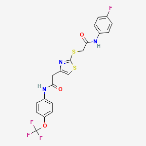 molecular formula C20H15F4N3O3S2 B2989787 N-(4-fluorophenyl)-2-((4-(2-oxo-2-((4-(trifluoromethoxy)phenyl)amino)ethyl)thiazol-2-yl)thio)acetamide CAS No. 941980-71-8