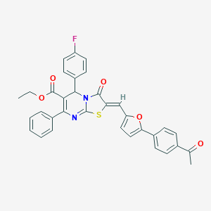 molecular formula C34H25FN2O5S B298984 ethyl 2-{[5-(4-acetylphenyl)-2-furyl]methylene}-5-(4-fluorophenyl)-3-oxo-7-phenyl-2,3-dihydro-5H-[1,3]thiazolo[3,2-a]pyrimidine-6-carboxylate 