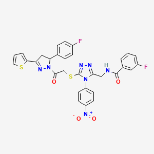molecular formula C31H23F2N7O4S2 B2989896 3-fluoro-N-[[5-[2-[3-(4-fluorophenyl)-5-thiophen-2-yl-3,4-dihydropyrazol-2-yl]-2-oxoethyl]sulfanyl-4-(4-nitrophenyl)-1,2,4-triazol-3-yl]methyl]benzamide CAS No. 393574-12-4