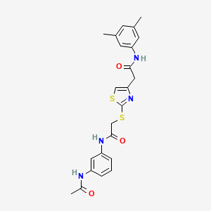 molecular formula C23H24N4O3S2 B2989906 N-(3-acetamidophenyl)-2-((4-(2-((3,5-dimethylphenyl)amino)-2-oxoethyl)thiazol-2-yl)thio)acetamide CAS No. 954095-20-6