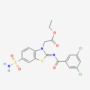 molecular formula C18H15Cl2N3O5S2 B2989929 （Z）-乙酸 2-(2-((3,5-二氯苯甲酰)亚氨基)-6-磺酰胺基苯并[d]噻唑-3(2H)-基）乙酯 CAS No. 865247-63-8