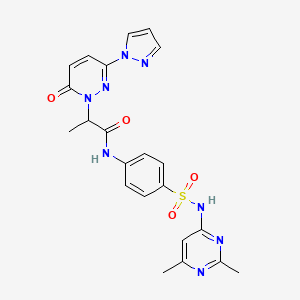 molecular formula C22H22N8O4S B2989953 N-(4-(N-(2,6-二甲基嘧啶-4-基)磺酰胺基)苯基)-2-(6-氧代-3-(1H-吡唑-1-基)吡哒嗪-1(6H)-基)丙酰胺 CAS No. 1351650-22-0