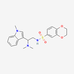 molecular formula C21H25N3O4S B2989961 N-(2-(dimethylamino)-2-(1-methyl-1H-indol-3-yl)ethyl)-2,3-dihydrobenzo[b][1,4]dioxine-6-sulfonamide CAS No. 1091438-91-3