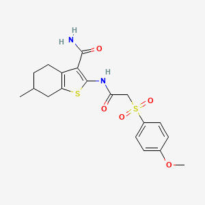 molecular formula C19H22N2O5S2 B2990014 2-(2-((4-甲氧苯基)磺酰)乙酰氨基)-6-甲基-4,5,6,7-四氢苯并[b]噻吩-3-甲酰胺 CAS No. 922929-98-4