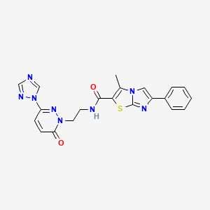 molecular formula C21H18N8O2S B2990028 3-methyl-N-(2-(6-oxo-3-(1H-1,2,4-triazol-1-yl)pyridazin-1(6H)-yl)ethyl)-6-phenylimidazo[2,1-b]thiazole-2-carboxamide CAS No. 1448078-35-0