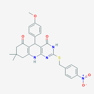 molecular formula C27H26N4O5S B2990064 5-(4-methoxyphenyl)-8,8-dimethyl-2-((4-nitrobenzyl)thio)-7,8,9,10-tetrahydropyrimido[4,5-b]quinoline-4,6(3H,5H)-dione CAS No. 537044-81-8