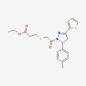 molecular formula C21H24N2O3S2 B2990067 ethyl 3-((2-oxo-2-(3-(thiophen-2-yl)-5-(p-tolyl)-4,5-dihydro-1H-pyrazol-1-yl)ethyl)thio)propanoate CAS No. 403843-13-0