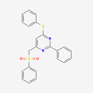 molecular formula C23H18N2O2S2 B2990093 2-苯基-4-(苯硫基)-6-[(苯磺酰)甲基]嘧啶 CAS No. 303147-40-2
