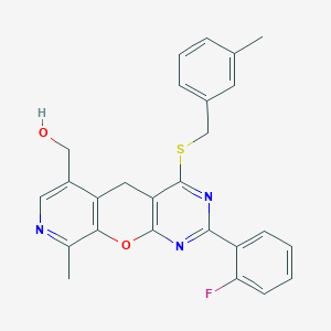molecular formula C26H22FN3O2S B2990113 (2-(2-fluorophenyl)-9-methyl-4-((3-methylbenzyl)thio)-5H-pyrido[4',3':5,6]pyrano[2,3-d]pyrimidin-6-yl)methanol CAS No. 892415-05-3