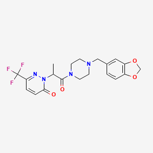molecular formula C20H21F3N4O4 B2990152 2-[1-[4-(1,3-Benzodioxol-5-ylmethyl)piperazin-1-yl]-1-oxopropan-2-yl]-6-(trifluoromethyl)pyridazin-3-one CAS No. 2380182-30-7