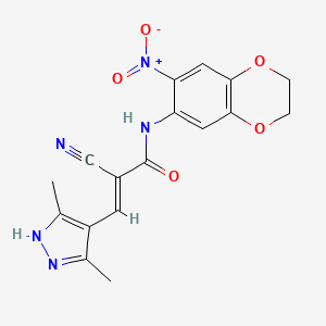 molecular formula C17H15N5O5 B2990190 (E)-2-cyano-3-(3,5-dimethyl-1H-pyrazol-4-yl)-N-(6-nitro-2,3-dihydro-1,4-benzodioxin-7-yl)prop-2-enamide CAS No. 1257845-25-2