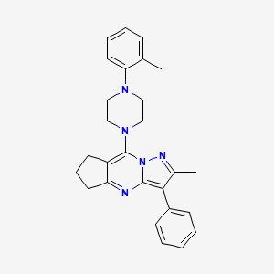 molecular formula C27H29N5 B2990195 11-Methyl-2-[4-(2-methylphenyl)piperazin-1-yl]-10-phenyl-1,8,12-triazatricyclo[7.3.0.0^{3,7}]dodeca-2,7,9,11-tetraene CAS No. 896838-10-1