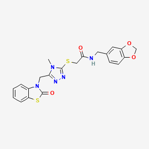 molecular formula C21H19N5O4S2 B2990200 N-(苯并[d][1,3]二氧杂环-5-基甲基)-2-((4-甲基-5-((2-氧代苯并[d]噻唑-3(2H)-基)甲基)-4H-1,2,4-三唑-3-基)硫代)乙酰胺 CAS No. 847400-62-8