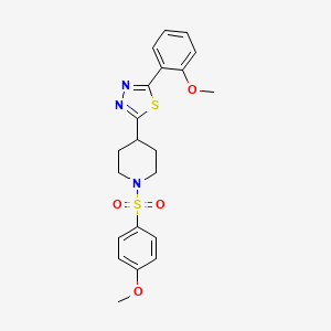 molecular formula C21H23N3O4S2 B2990219 2-(2-Methoxyphenyl)-5-(1-((4-methoxyphenyl)sulfonyl)piperidin-4-yl)-1,3,4-thiadiazole CAS No. 1170639-46-9