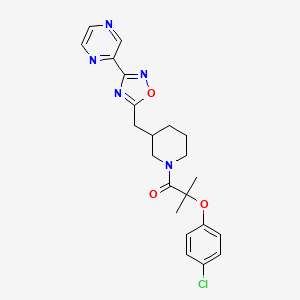 molecular formula C22H24ClN5O3 B2990231 2-(4-Chlorophenoxy)-2-methyl-1-(3-((3-(pyrazin-2-yl)-1,2,4-oxadiazol-5-yl)methyl)piperidin-1-yl)propan-1-one CAS No. 1705892-13-2