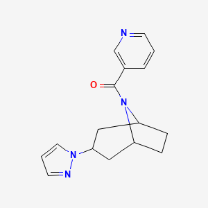 molecular formula C16H18N4O B2990232 ((1R,5S)-3-(1H-pyrazol-1-yl)-8-azabicyclo[3.2.1]octan-8-yl)(pyridin-3-yl)methanone CAS No. 2309707-78-4