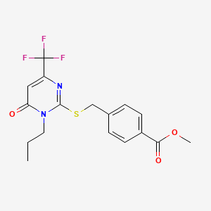 molecular formula C17H17F3N2O3S B2990265 Methyl 4-({[6-oxo-1-propyl-4-(trifluoromethyl)-1,6-dihydro-2-pyrimidinyl]sulfanyl}methyl)benzenecarboxylate CAS No. 866143-24-0