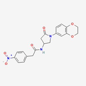 molecular formula C20H19N3O6 B2990321 N-(1-(2,3-二氢苯并[b][1,4]二氧杂环-6-基)-5-氧代吡咯烷-3-基)-2-(4-硝基苯基)乙酰胺 CAS No. 905670-58-8