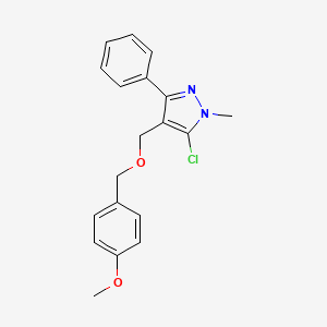 molecular formula C19H19ClN2O2 B2990332 5-chloro-4-{[(4-methoxybenzyl)oxy]methyl}-1-methyl-3-phenyl-1H-pyrazole CAS No. 318248-46-3