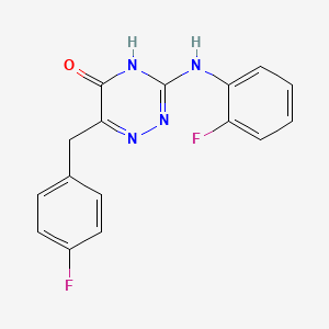 molecular formula C16H12F2N4O B2990360 6-(4-fluorobenzyl)-3-((2-fluorophenyl)amino)-1,2,4-triazin-5(4H)-one CAS No. 898610-99-6