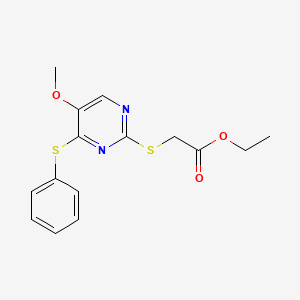 molecular formula C15H16N2O3S2 B2990374 Ethyl 2-((5-methoxy-4-(phenylsulfanyl)-2-pyrimidinyl)sulfanyl)acetate CAS No. 338423-38-4