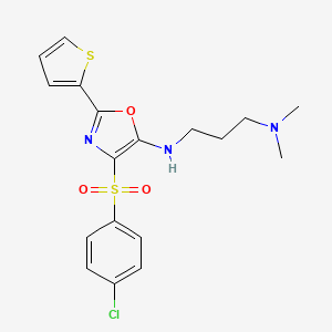 molecular formula C18H20ClN3O3S2 B2990415 4-(4-CHLOROBENZENESULFONYL)-N-[3-(DIMETHYLAMINO)PROPYL]-2-(THIOPHEN-2-YL)-1,3-OXAZOL-5-AMINE CAS No. 627834-83-7