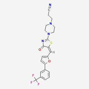 molecular formula C22H19F3N4O2S B2990429 (E)-3-(4-(4-氧代-5-((5-(3-(三氟甲基)苯基)呋喃-2-亚甲基)-4,5-二氢噻唑-2-基)哌嗪-1-基)丙腈 CAS No. 861124-54-1