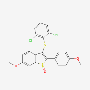 molecular formula C22H16Cl2O3S2 B2990440 3-[(2,6-dichlorophenyl)sulfanyl]-6-methoxy-2-(4-methoxyphenyl)-1H-1-benzothiophen-1-one CAS No. 477762-70-2