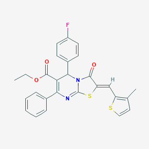 molecular formula C27H21FN2O3S2 B299046 ethyl (2Z)-5-(4-fluorophenyl)-2-[(3-methylthiophen-2-yl)methylidene]-3-oxo-7-phenyl-2,3-dihydro-5H-[1,3]thiazolo[3,2-a]pyrimidine-6-carboxylate 