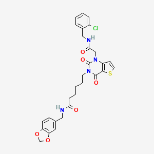 molecular formula C29H29ClN4O6S B2990461 N-(1,3-benzodioxol-5-ylmethyl)-6-[1-{2-[(2-chlorobenzyl)amino]-2-oxoethyl}-2,4-dioxo-1,4-dihydrothieno[3,2-d]pyrimidin-3(2H)-yl]hexanamide CAS No. 866014-70-2
