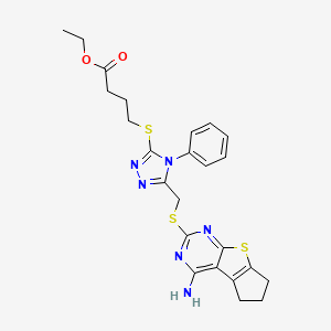 molecular formula C24H26N6O2S3 B2990519 ethyl 4-((5-(((4-amino-6,7-dihydro-5H-cyclopenta[4,5]thieno[2,3-d]pyrimidin-2-yl)thio)methyl)-4-phenyl-4H-1,2,4-triazol-3-yl)thio)butanoate CAS No. 573695-10-0