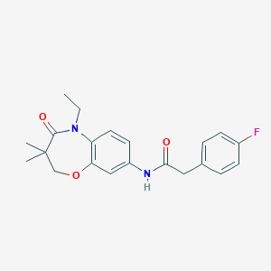 molecular formula C21H23FN2O3 B2990528 N-(5-乙基-3,3-二甲基-4-氧代-2,3,4,5-四氢苯并[b][1,4]恶二杂环庚-8-基)-2-(4-氟苯基)乙酰胺 CAS No. 921868-52-2