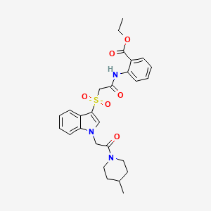 molecular formula C27H31N3O6S B2990531 ethyl 2-(2-((1-(2-(4-methylpiperidin-1-yl)-2-oxoethyl)-1H-indol-3-yl)sulfonyl)acetamido)benzoate CAS No. 878060-10-7