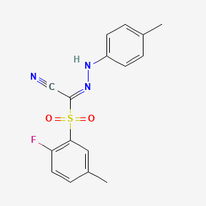 molecular formula C16H14FN3O2S B2990556 (2E)-[(2-氟-5-甲基苯基)磺酰][(4-甲基苯基)肼基]乙腈 CAS No. 1786040-94-5