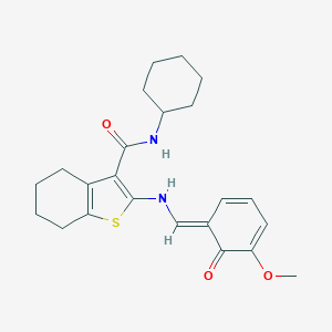 molecular formula C23H28N2O3S B299056 N-cyclohexyl-2-[[(E)-(5-methoxy-6-oxocyclohexa-2,4-dien-1-ylidene)methyl]amino]-4,5,6,7-tetrahydro-1-benzothiophene-3-carboxamide 