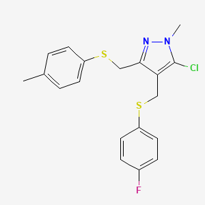 molecular formula C19H18ClFN2S2 B2990562 (5-chloro-4-{[(4-fluorophenyl)sulfanyl]methyl}-1-methyl-1H-pyrazol-3-yl)methyl 4-methylphenyl sulfide CAS No. 318248-70-3