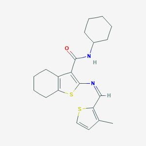 molecular formula C21H26N2OS2 B299057 N-cyclohexyl-2-{[(3-methyl-2-thienyl)methylene]amino}-4,5,6,7-tetrahydro-1-benzothiophene-3-carboxamide 