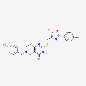 molecular formula C26H25ClN4O2S B2990572 6-(4-chlorobenzyl)-2-(((5-methyl-2-(p-tolyl)oxazol-4-yl)methyl)thio)-5,6,7,8-tetrahydropyrido[4,3-d]pyrimidin-4(3H)-one CAS No. 1112430-50-8