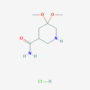 molecular formula C8H17ClN2O3 B2990581 5,5-Dimethoxypiperidine-3-carboxamide hydrochloride CAS No. 2228908-29-8
