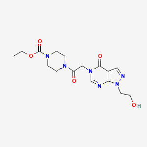 molecular formula C16H22N6O5 B2990582 乙基 4-(2-(1-(2-羟乙基)-4-氧代-1H-吡唑并[3,4-d]嘧啶-5(4H)-基)乙酰)哌嗪-1-羧酸盐 CAS No. 899971-25-6