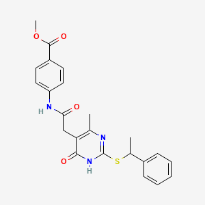 molecular formula C23H23N3O4S B2990594 Methyl 4-(2-(4-methyl-6-oxo-2-((1-phenylethyl)thio)-1,6-dihydropyrimidin-5-yl)acetamido)benzoate CAS No. 1105201-72-6