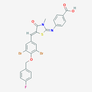 molecular formula C25H17Br2FN2O4S B299062 4-[(5-{3,5-Dibromo-4-[(4-fluorobenzyl)oxy]benzylidene}-3-methyl-4-oxo-1,3-thiazolidin-2-ylidene)amino]benzoic acid 