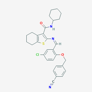 molecular formula C30H30ClN3O2S B299064 2-({5-chloro-2-[(4-cyanobenzyl)oxy]benzylidene}amino)-N-cyclohexyl-4,5,6,7-tetrahydro-1-benzothiophene-3-carboxamide 