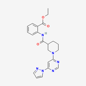molecular formula C22H24N6O3 B2990654 2-(1-(6-(1H-吡唑-1-基)嘧啶-4-基)哌啶-3-甲酰胺)苯甲酸乙酯 CAS No. 1334370-37-4