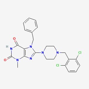 molecular formula C24H24Cl2N6O2 B2990664 8-{4-[(2,6-Dichlorophenyl)methyl]piperazinyl}-3-methyl-7-benzyl-1,3,7-trihydro purine-2,6-dione CAS No. 886907-61-5
