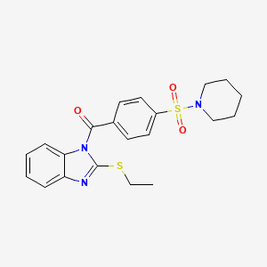 molecular formula C21H23N3O3S2 B2990671 (2-(ethylthio)-1H-benzo[d]imidazol-1-yl)(4-(piperidin-1-ylsulfonyl)phenyl)methanone CAS No. 496777-81-2
